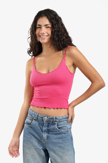 Microfiber Ribbed Plunge Ruffled Neck Top – Hot Pink