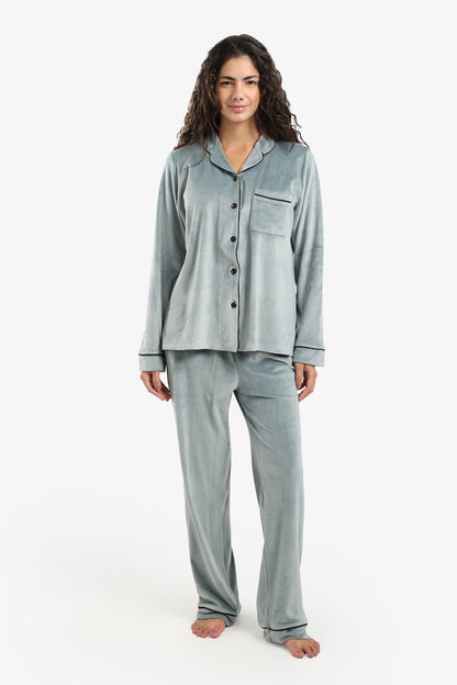 Velvet Solid Piping Pyjama Set – Light Mint