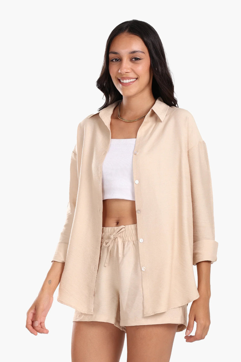 Tencel Solid Beach Shirt & Shorts Set – Beige