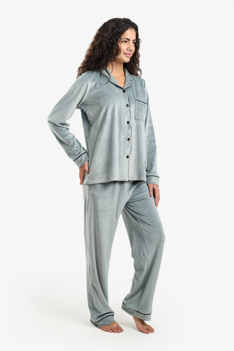 Velvet Solid Piping Pyjama Set – Light Mint
