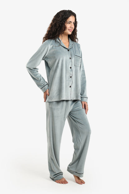Velvet Solid Piping Pyjama Set – Light Mint