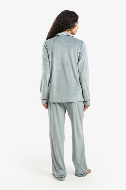 Velvet Solid Piping Pyjama Set – Light Mint
