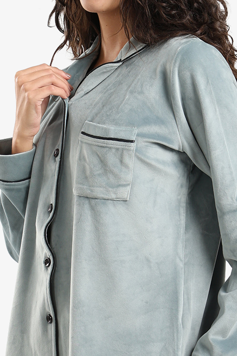 Velvet Solid Piping Pyjama Set – Light Mint