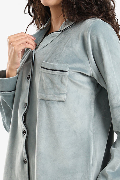 Velvet Solid Piping Pyjama Set – Light Mint