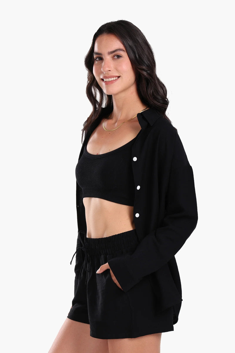 Tencel Solid Beach Shirt & Shorts Set – Black
