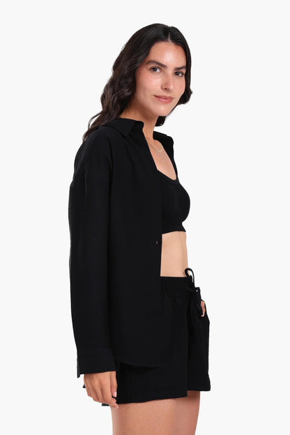 Tencel Solid Beach Shirt & Shorts Set – Black