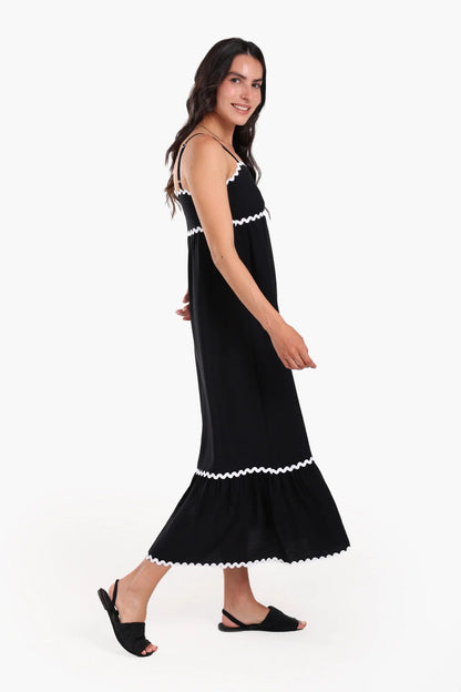Tencel Solid Ric Rac Trim Beach Dress – Black