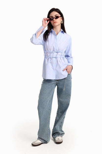 Cotton Blend Striped Waist Drawstring Shirt – Light Blue