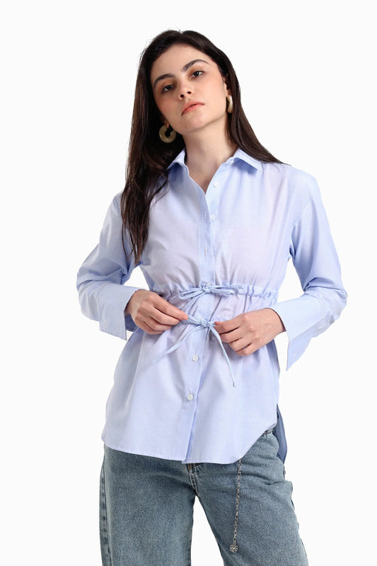 Cotton Blend Striped Waist Drawstring Shirt – Light Blue