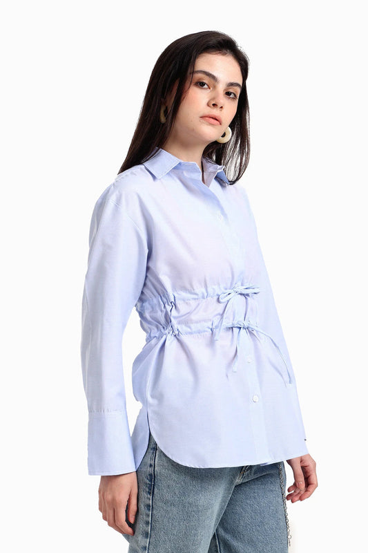 Cotton Blend Striped Waist Drawstring Shirt – Light Blue