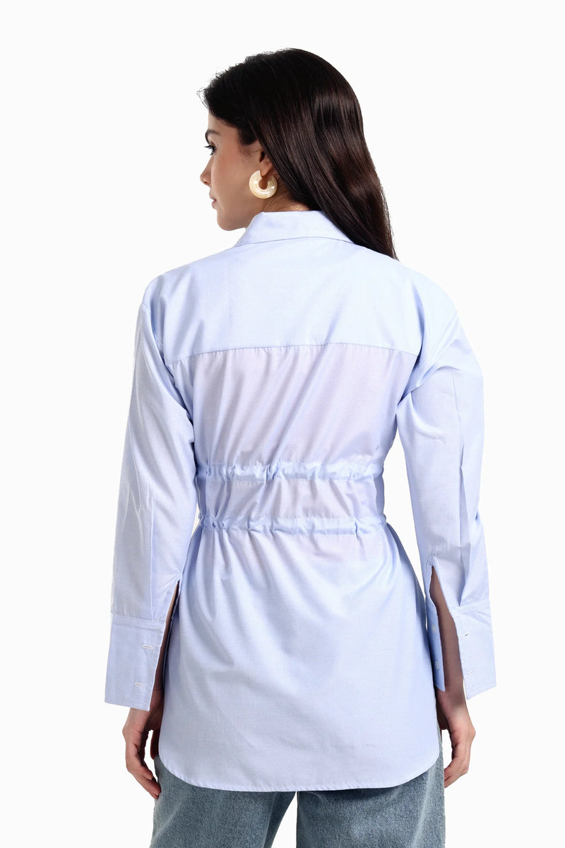 Cotton Blend Striped Waist Drawstring Shirt – Light Blue