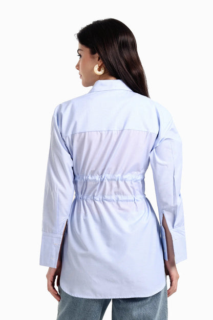 Cotton Blend Striped Waist Drawstring Shirt – Light Blue