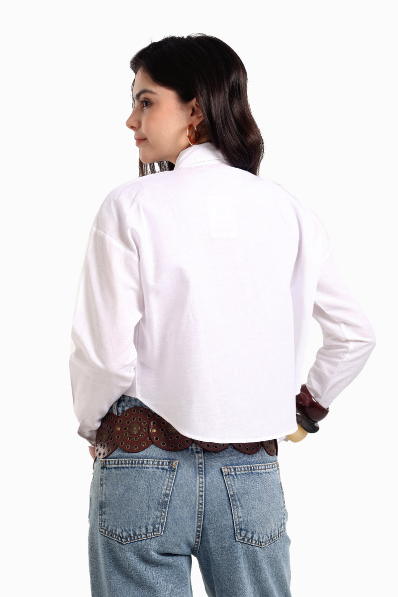 Tencel Solid Long Sleeve Cropped Shirt – Off White