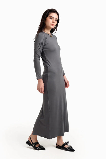 Viscose Blend Solid Slim Dress – Grey
