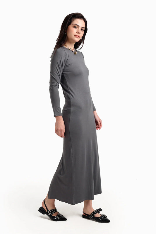 Viscose Blend Solid Slim Dress – Grey