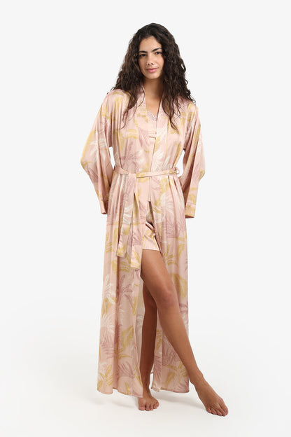 Satin Leaf Print Maxi Robe – Blush Pink