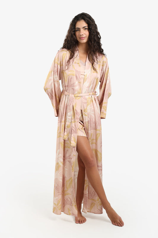Satin Leaf Print Maxi Robe – Blush Pink