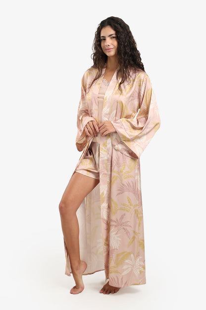 Satin Leaf Print Maxi Robe – Blush Pink