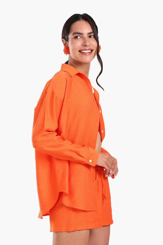 Tencel Solid Beach Shirt & Shorts Set – Orange