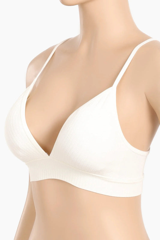 Polyamide Ribbed Plunge V-Neck Sports Bra – Off White