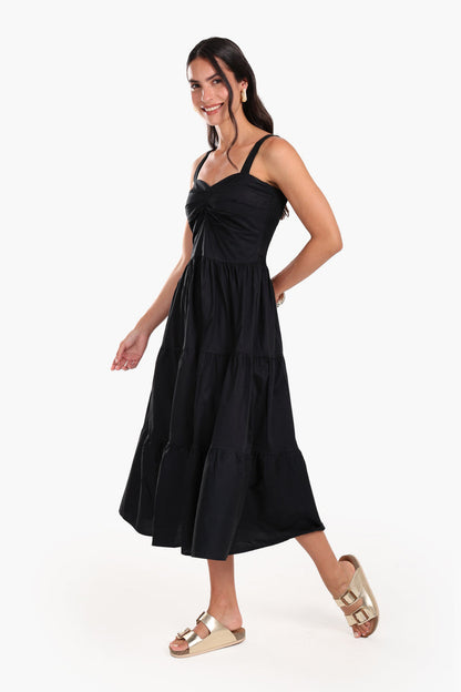 Cotton Solid Sleeveless Tiered Midi Dress - Black
