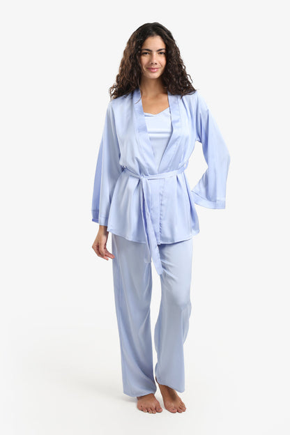Satin Solid 3-Piece Pyjama Set – Light Blue