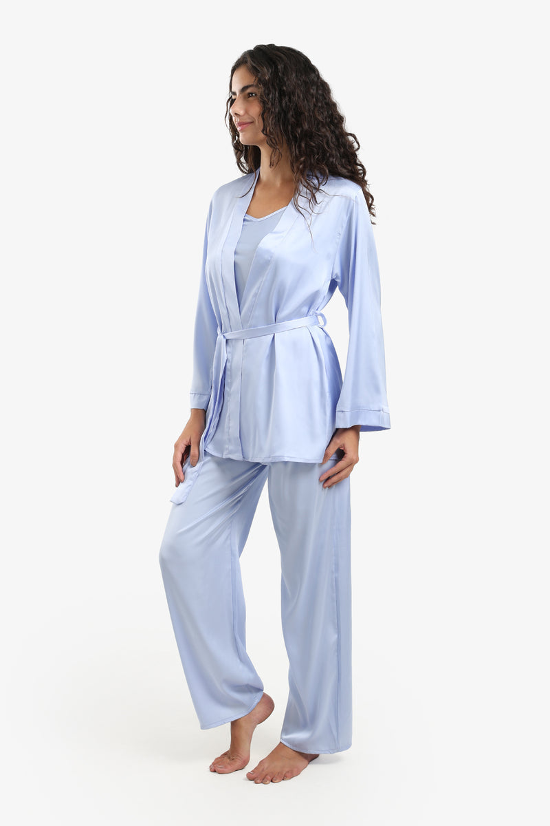 Satin Solid 3-Piece Pyjama Set – Light Blue