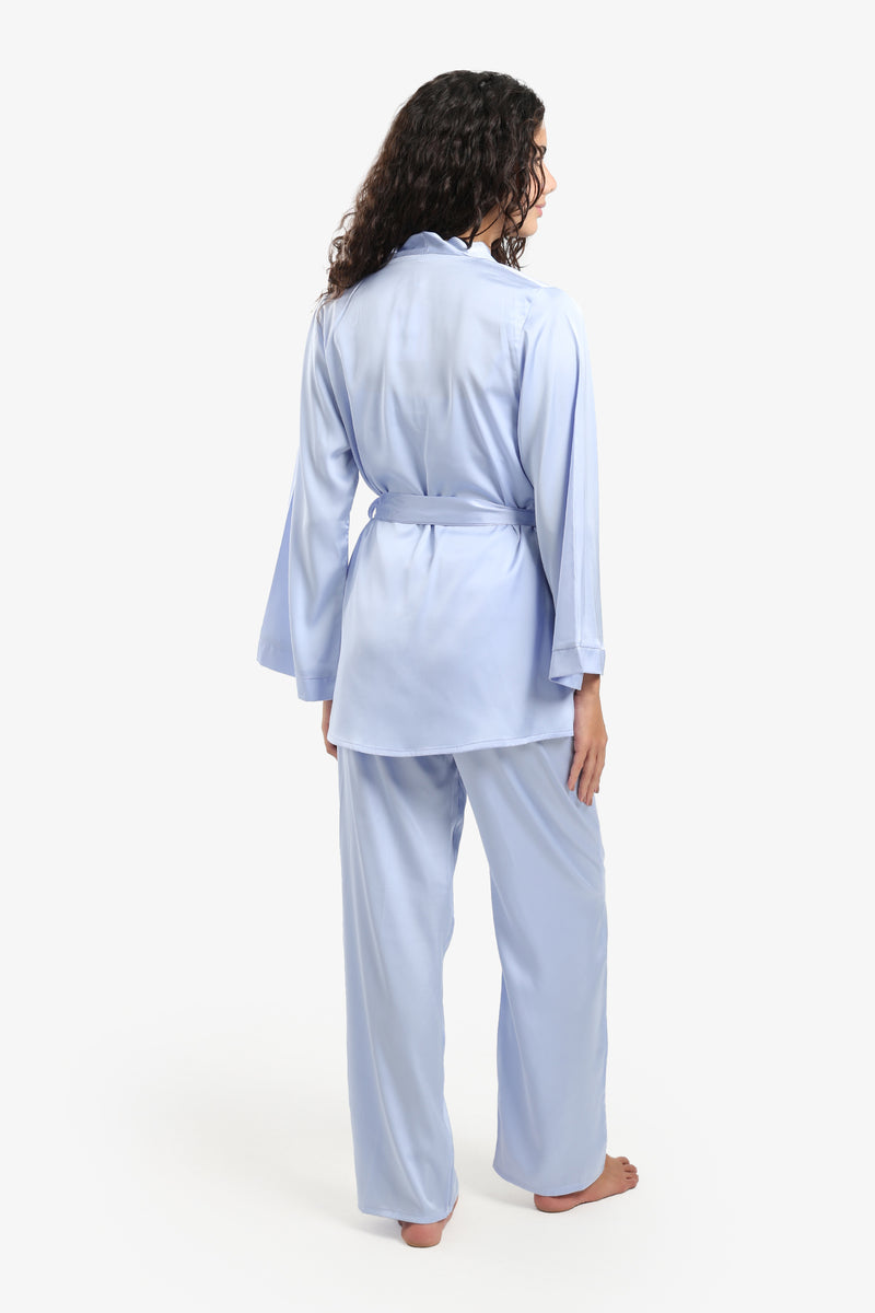 Satin Solid 3-Piece Pyjama Set – Light Blue