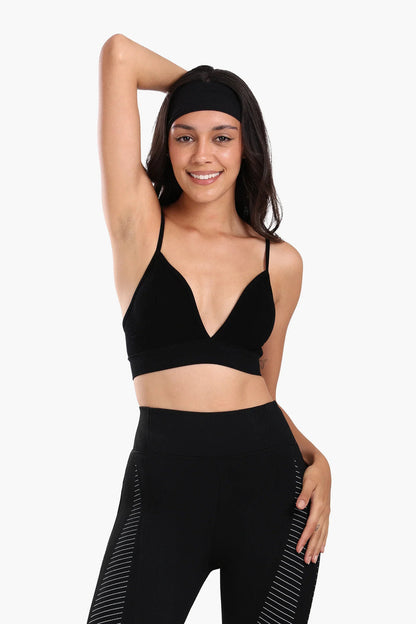 Polyamide Ribbed Plunge V-Neck Sports Bra – Black