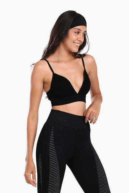 Polyamide Ribbed Plunge V-Neck Sports Bra – Black