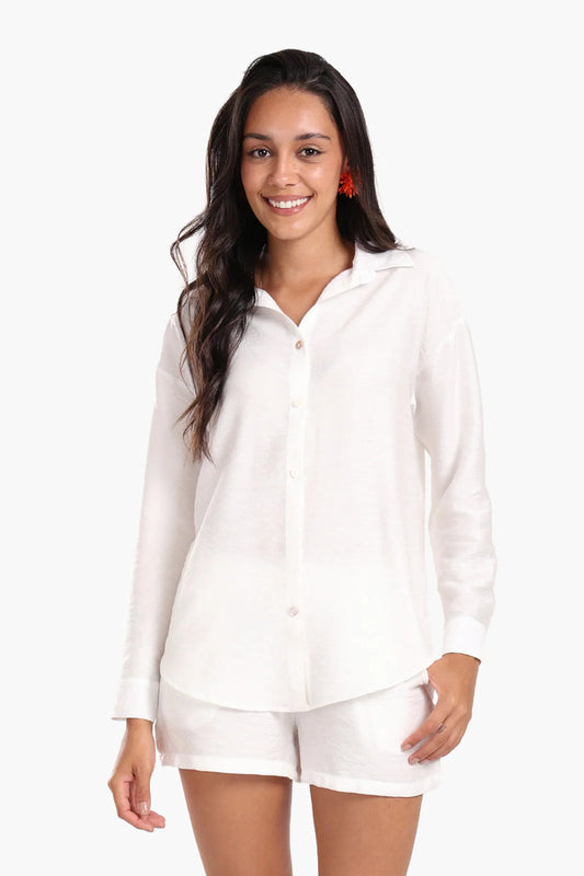 Tencel Solid Beach Shirt & Shorts Set – White