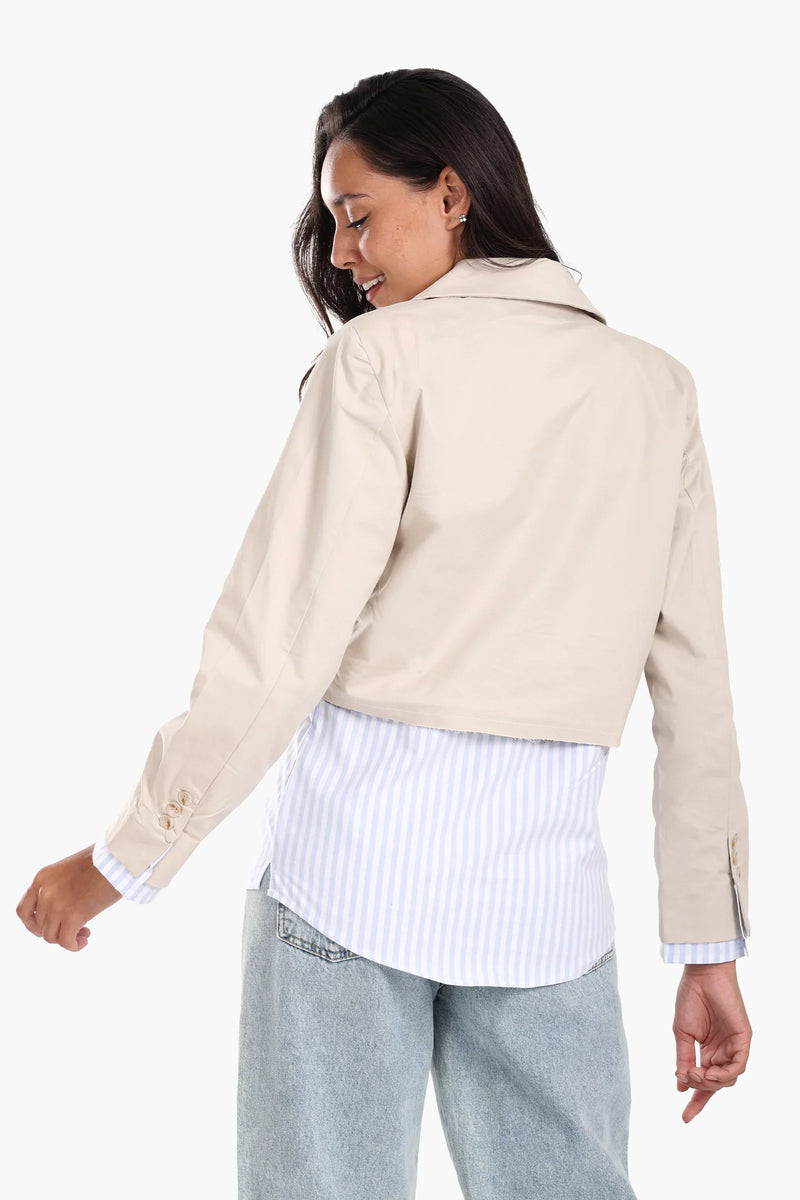 Polyester Blend Printed Cropped Blazer – Beige