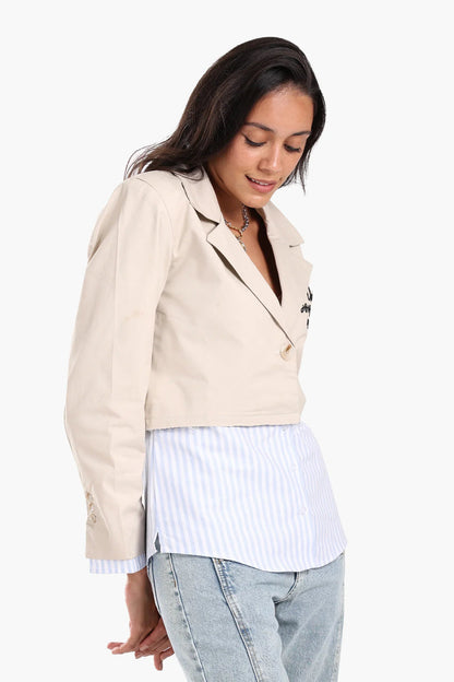 Polyester Blend Printed Cropped Blazer – Beige