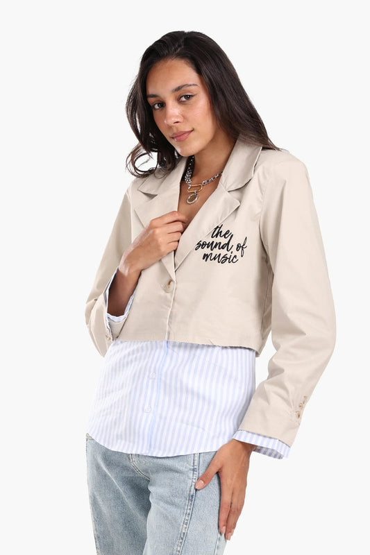 Polyester Blend Printed Cropped Blazer – Beige