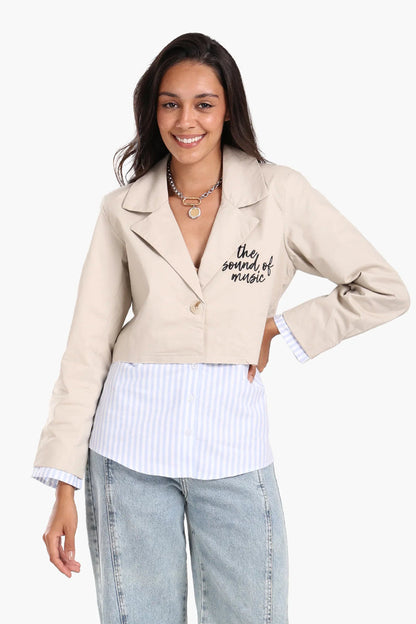 Polyester Blend Printed Cropped Blazer – Beige
