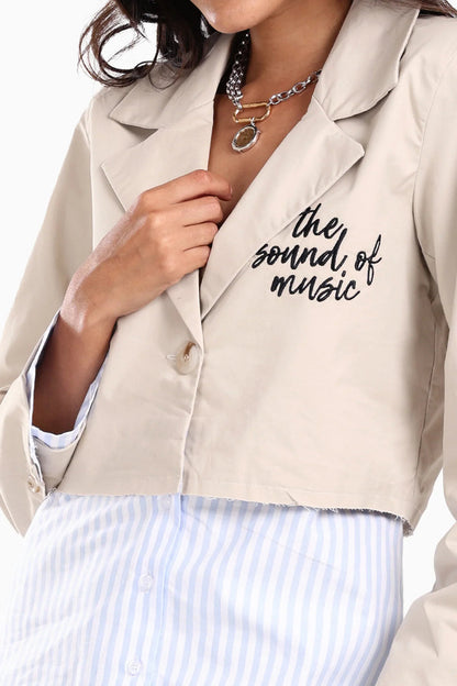 Polyester Blend Printed Cropped Blazer – Beige