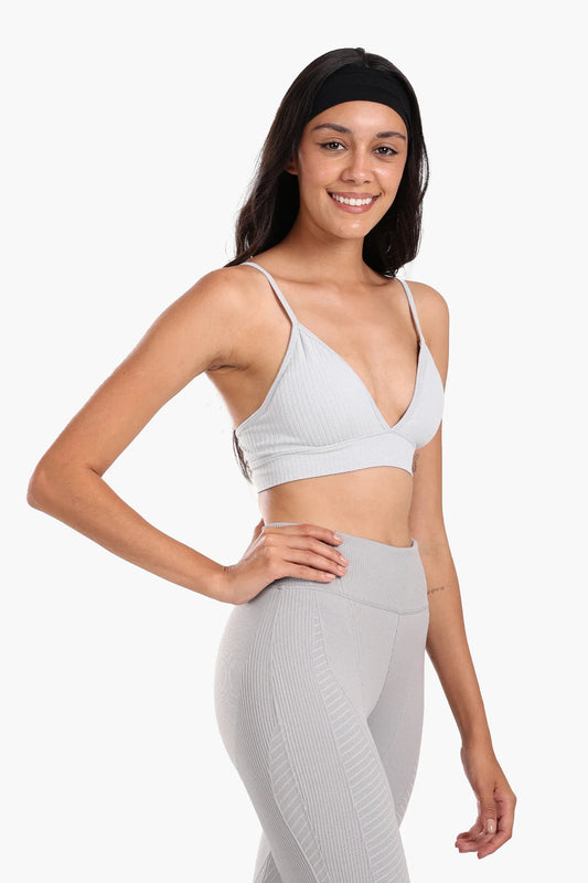 Polyamide Ribbed Plunge V-Neck Sports Bra – Grey