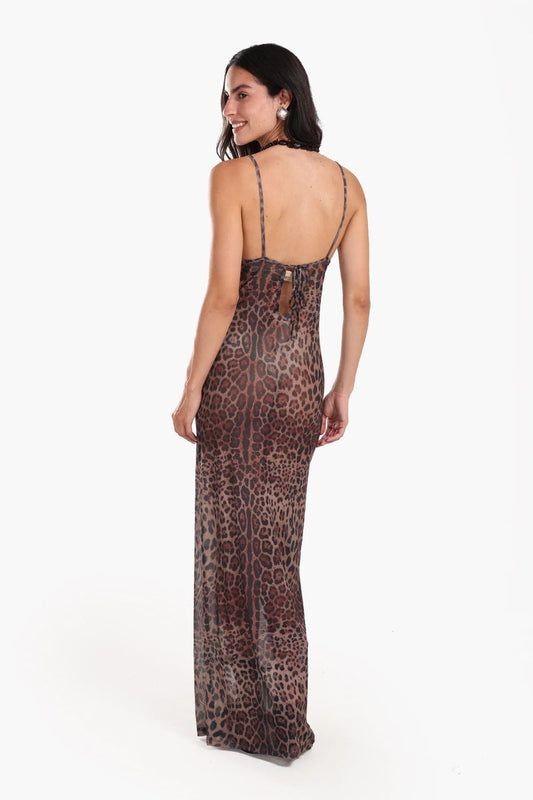 Tencel Leopard Print Beach Dress - Brown