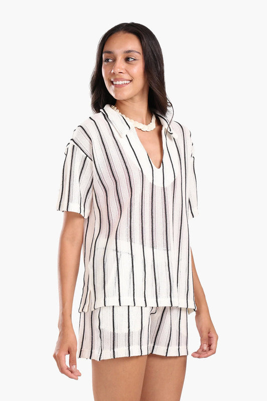 Polyester Striped Beach Set – White & Black