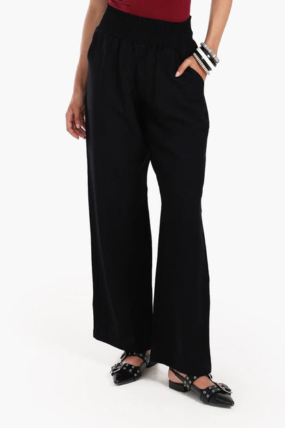 Tencel Solid High Wide Waist Beach Pants – Black
