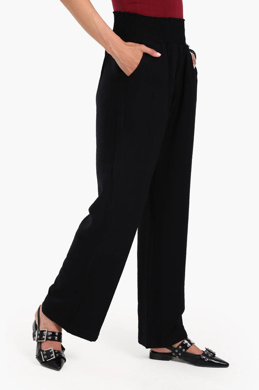 Tencel Solid High Wide Waist Beach Pants – Black