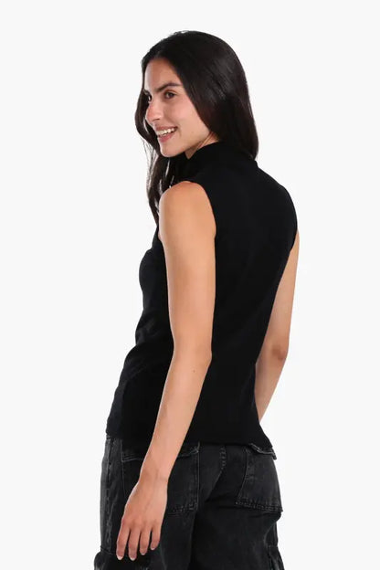 Wool Solid High Neck Sleeveless Pullover – Black