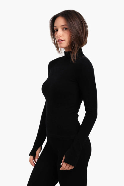 Microfiber Ribbed High Neck Top with Thumbhole – Black