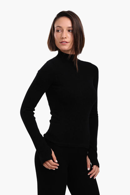 Microfiber Ribbed High Neck Top with Thumbhole – Black