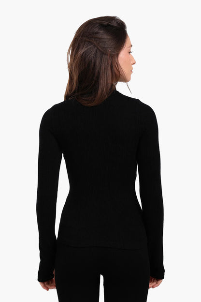 Microfiber Ribbed High Neck Top with Thumbhole – Black
