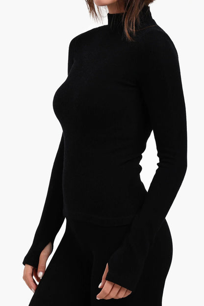 Microfiber Ribbed High Neck Top with Thumbhole – Black