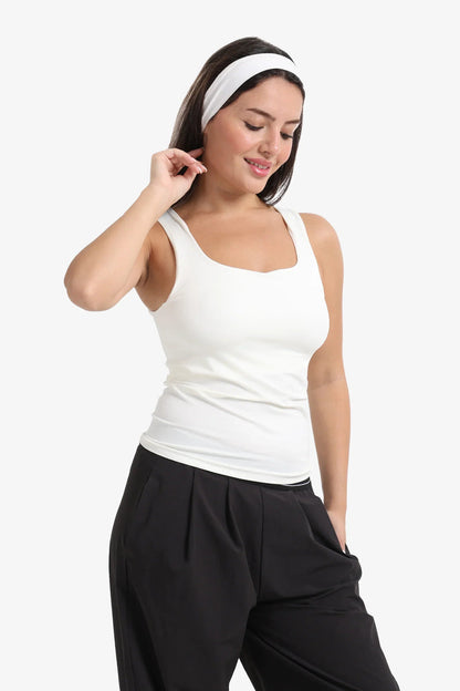 Polyamide Solid Square Neck Tank Top – Off White