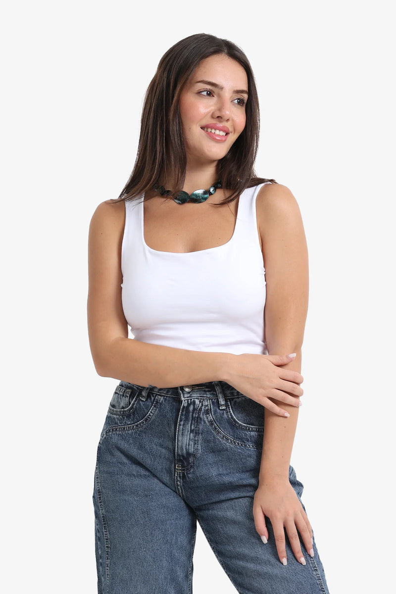 Polyamide Solid Square Neck Tank Top – White