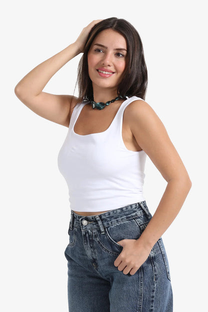 Polyamide Solid Square Neck Tank Top – White