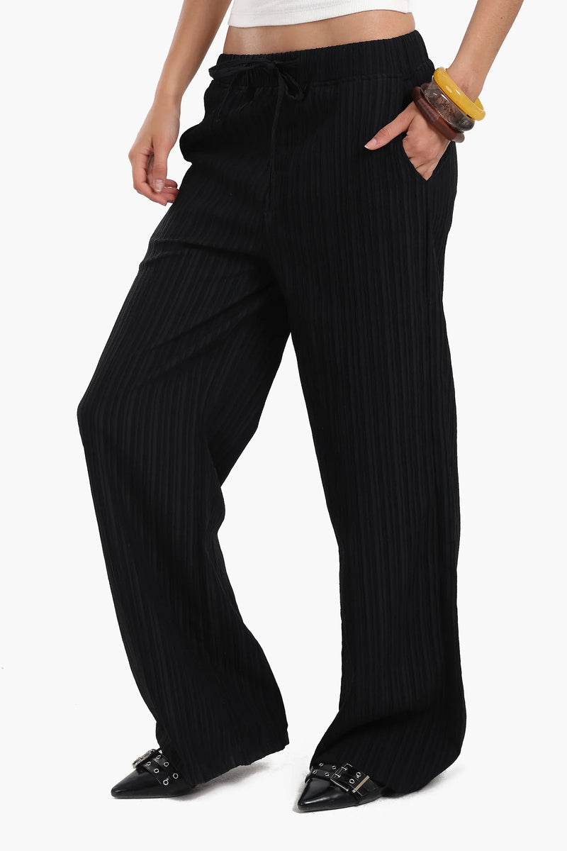 Polyester Ribbed Lounge Pants – Black